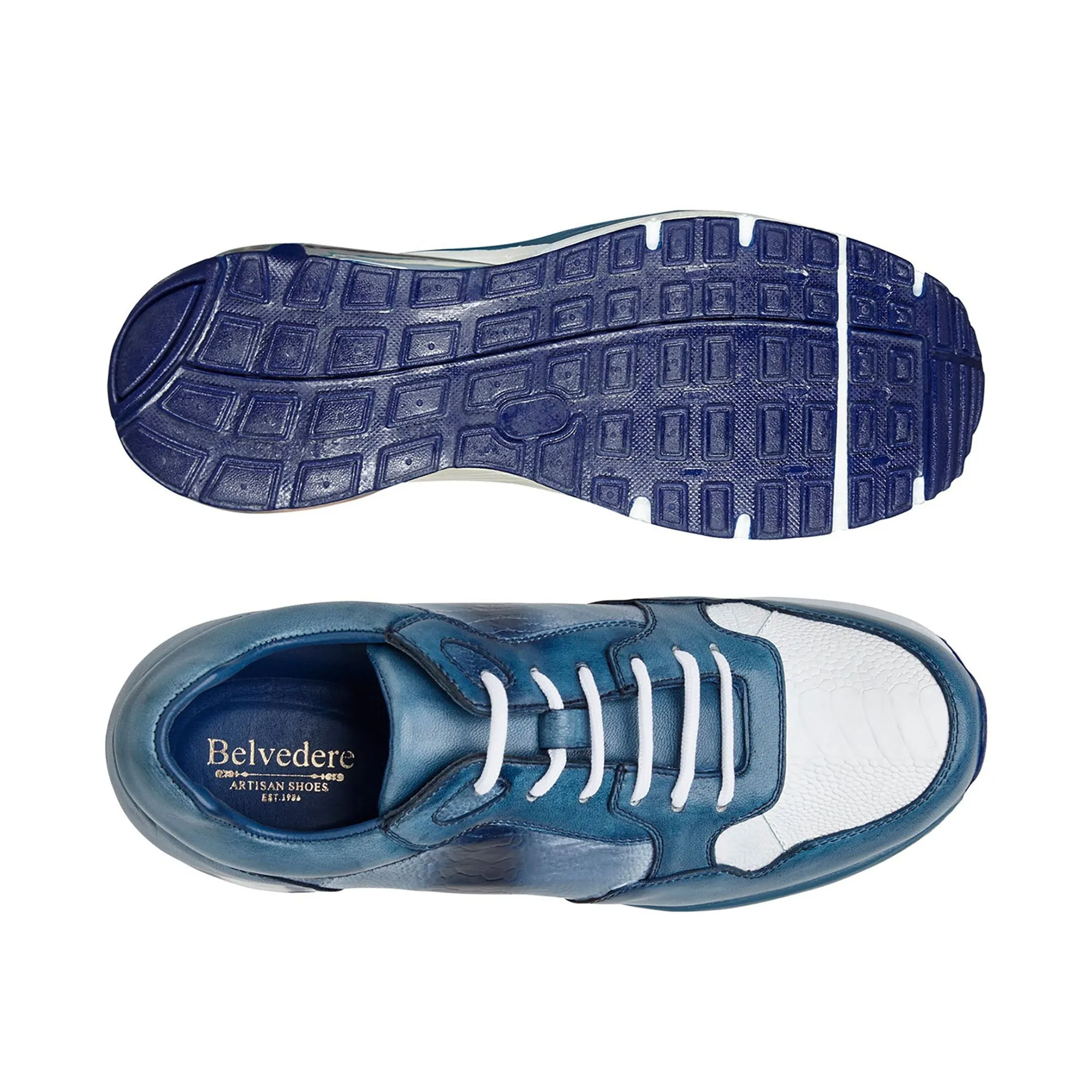 Belvedere Gino in Antique Caribbean Blue / White Genuine Ostrich Leg and Soft Calf Sneaker