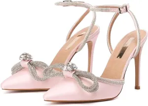 Bieosnli Women's Satin Lace Up High Heel Sandals Ankle Buckle Straps Pump Rhinestone Strip Bowknot Pointed Toe Stiletto Sandals