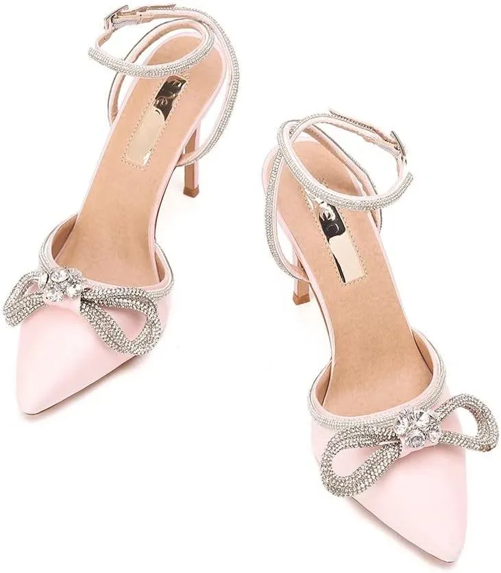 Bieosnli Women's Satin Lace Up High Heel Sandals Ankle Buckle Straps Pump Rhinestone Strip Bowknot Pointed Toe Stiletto Sandals