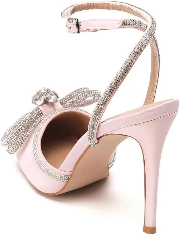 Bieosnli Women's Satin Lace Up High Heel Sandals Ankle Buckle Straps Pump Rhinestone Strip Bowknot Pointed Toe Stiletto Sandals