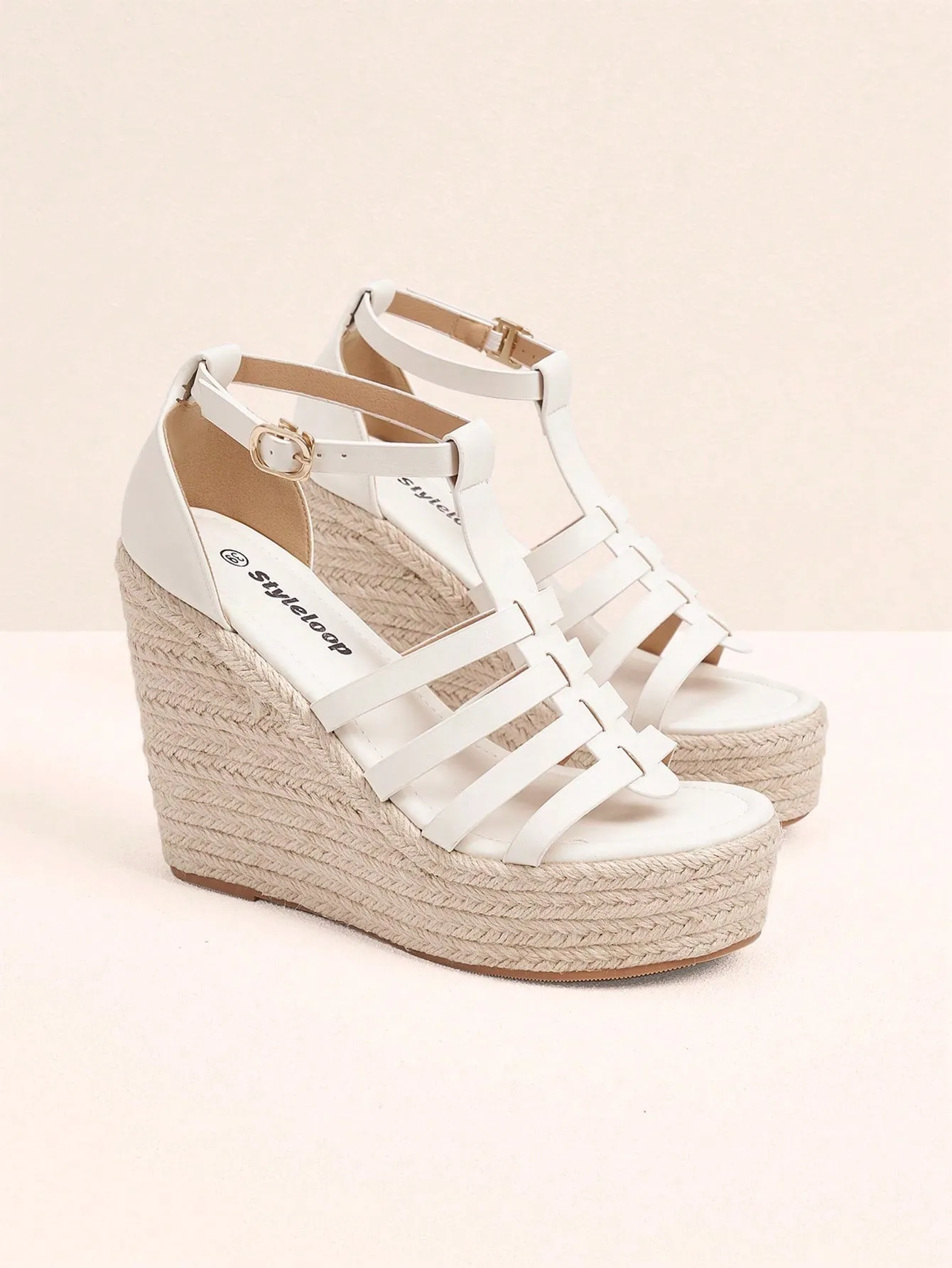 Bohemian Striped White Wedge Sandals with Jute Rope Accents