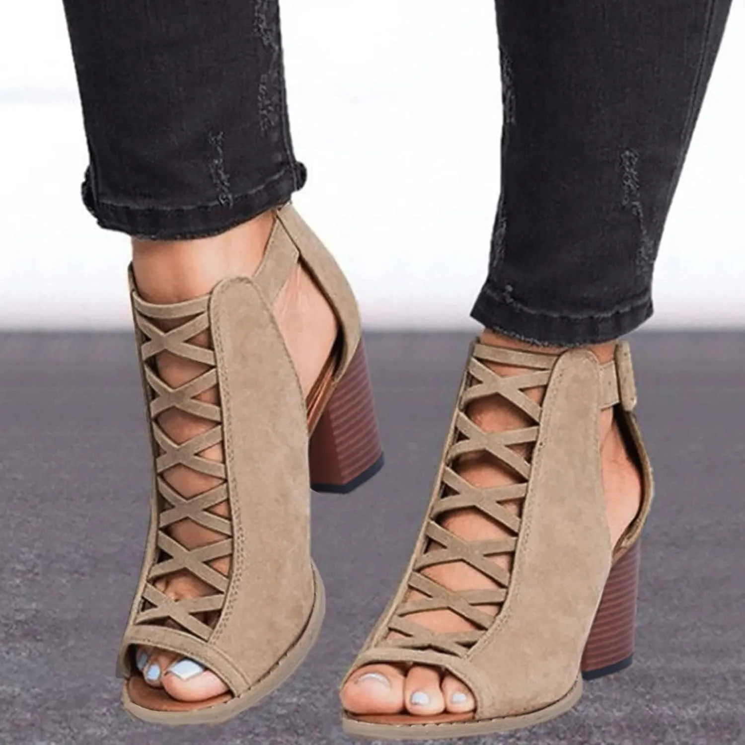 BORAMAX Womens Open Toe Heel Sandal,Fashion Buckle Strap Chunky High Heel Sandals Faux Suede Cutout Black High Heel Booties