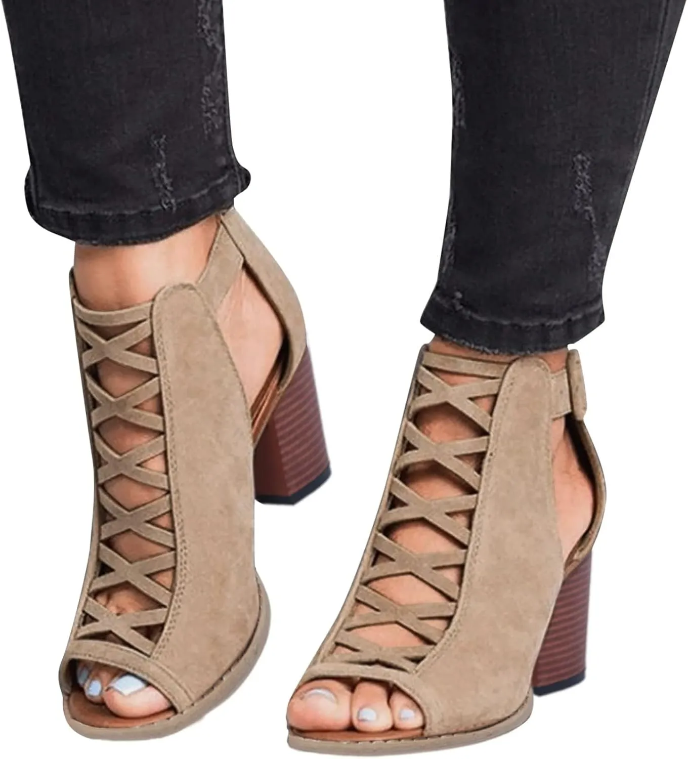 BORAMAX Womens Open Toe Heel Sandal,Fashion Buckle Strap Chunky High Heel Sandals Faux Suede Cutout Black High Heel Booties