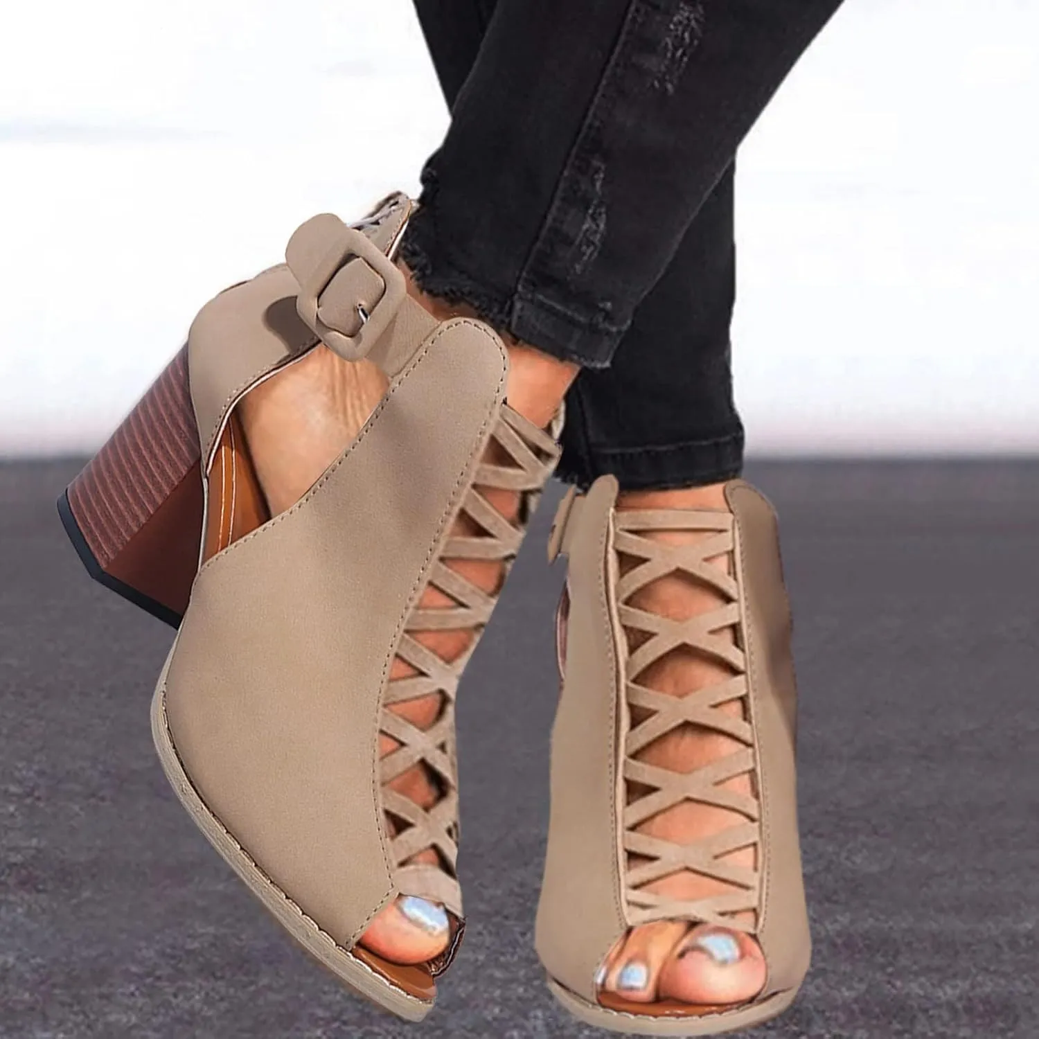 BORAMAX Womens Open Toe Heel Sandal,Fashion Buckle Strap Chunky High Heel Sandals Faux Suede Cutout Black High Heel Booties