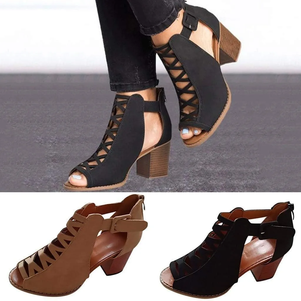 BORAMAX Womens Open Toe Heel Sandal,Fashion Buckle Strap Chunky High Heel Sandals Faux Suede Cutout Black High Heel Booties