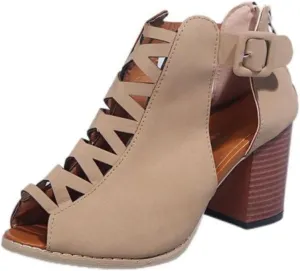 BORAMAX Womens Open Toe Heel Sandal,Fashion Buckle Strap Chunky High Heel Sandals Faux Suede Cutout Black High Heel Booties