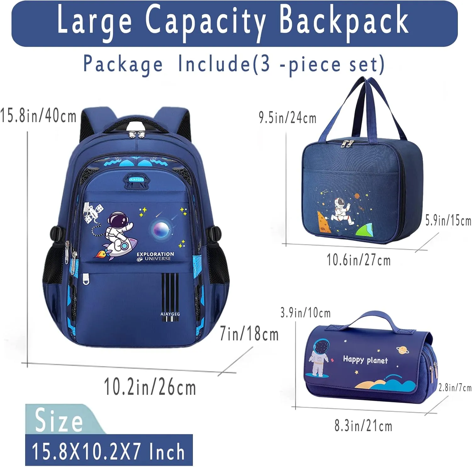 Boy Backpack, Backpack for Boys, Cute Kid Backpack, Waterproof Lightweight Schoolbag Backpack with Lunch Bag and Pencil Case, Black(3 PCS Set)