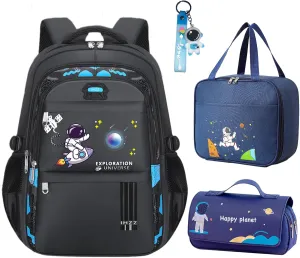 Boy Backpack, Backpack for Boys, Cute Kid Backpack, Waterproof Lightweight Schoolbag Backpack with Lunch Bag and Pencil Case, Black(3 PCS Set)