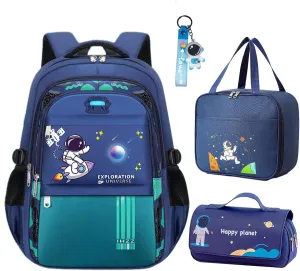 Boy Backpack - Cute Kid Schoolbag, Waterproof Lightweight with Lunch Bag and Pencil Case, Green (3 PCS Set)