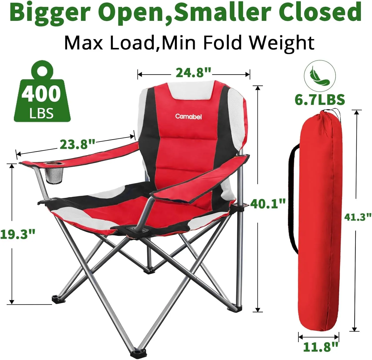 Camabel Folding Camping Chairs 400 LBS Oversized Heavy Duty Padded Beach Chair Portable Outdoor Lawn Chairs with Cup Holder Carry Bag for Sporting Hiking Picnics Fishing Red