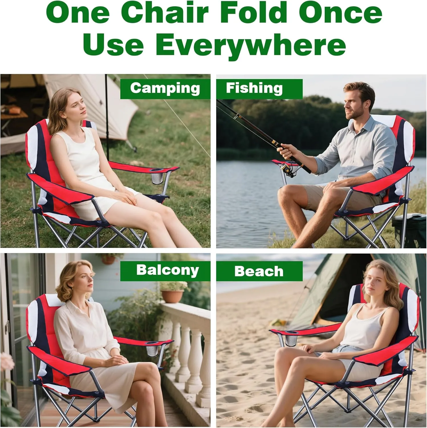 Camabel Folding Camping Chairs 400 LBS Oversized Heavy Duty Padded Beach Chair Portable Outdoor Lawn Chairs with Cup Holder Carry Bag for Sporting Hiking Picnics Fishing Red
