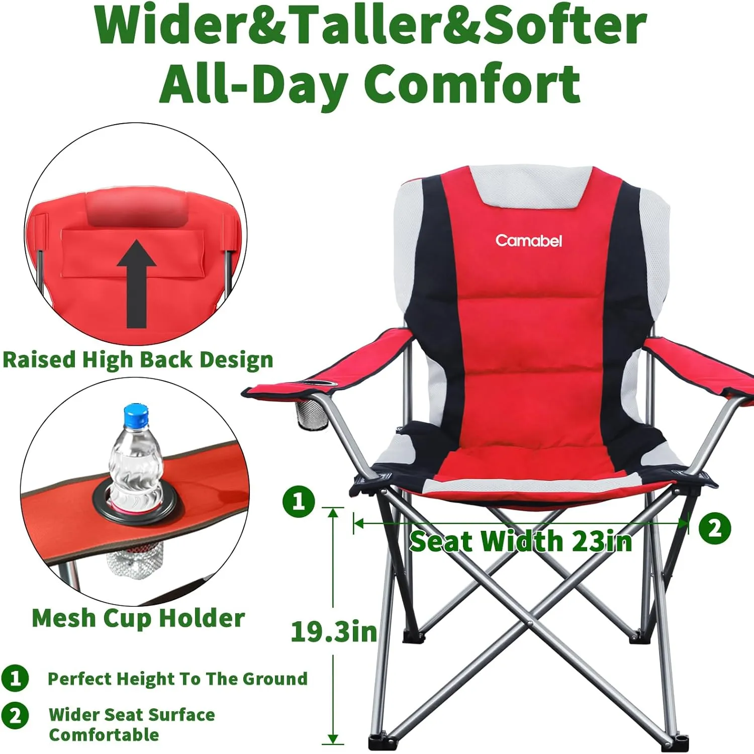 Camabel Folding Camping Chairs 400 LBS Oversized Heavy Duty Padded Beach Chair Portable Outdoor Lawn Chairs with Cup Holder Carry Bag for Sporting Hiking Picnics Fishing Red