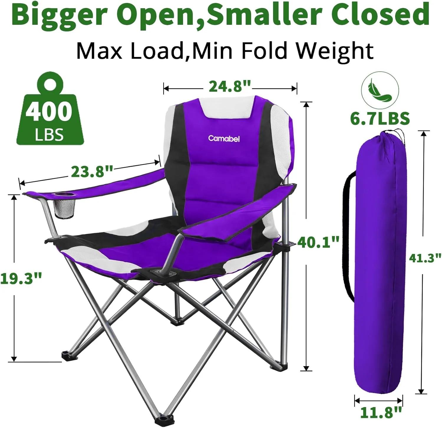 Camabel Folding Camping Chairs 400lbs Extra Large Outdoor Lawn Chair Padded Sports Lightweight Portable Chairs for Beach Hiking Fishing Picnic BBQ with Cup Holder and Storage Bag Purple