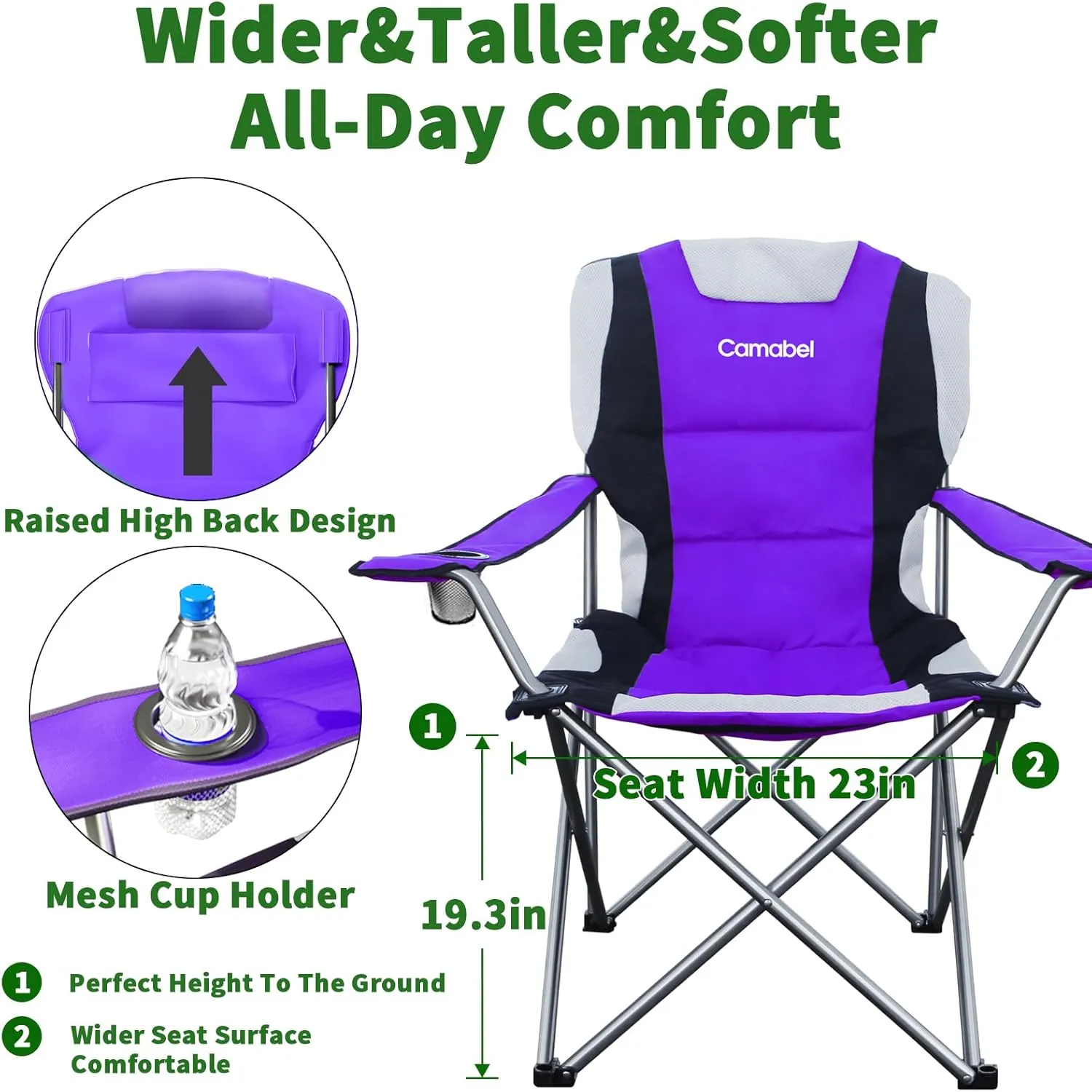 Camabel Folding Camping Chairs 400lbs Extra Large Outdoor Lawn Chair Padded Sports Lightweight Portable Chairs for Beach Hiking Fishing Picnic BBQ with Cup Holder and Storage Bag Purple