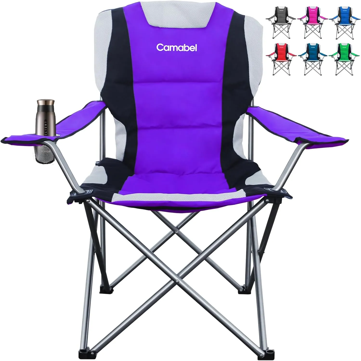 Camabel Folding Camping Chairs 400lbs Extra Large Outdoor Lawn Chair Padded Sports Lightweight Portable Chairs for Beach Hiking Fishing Picnic BBQ with Cup Holder and Storage Bag Purple