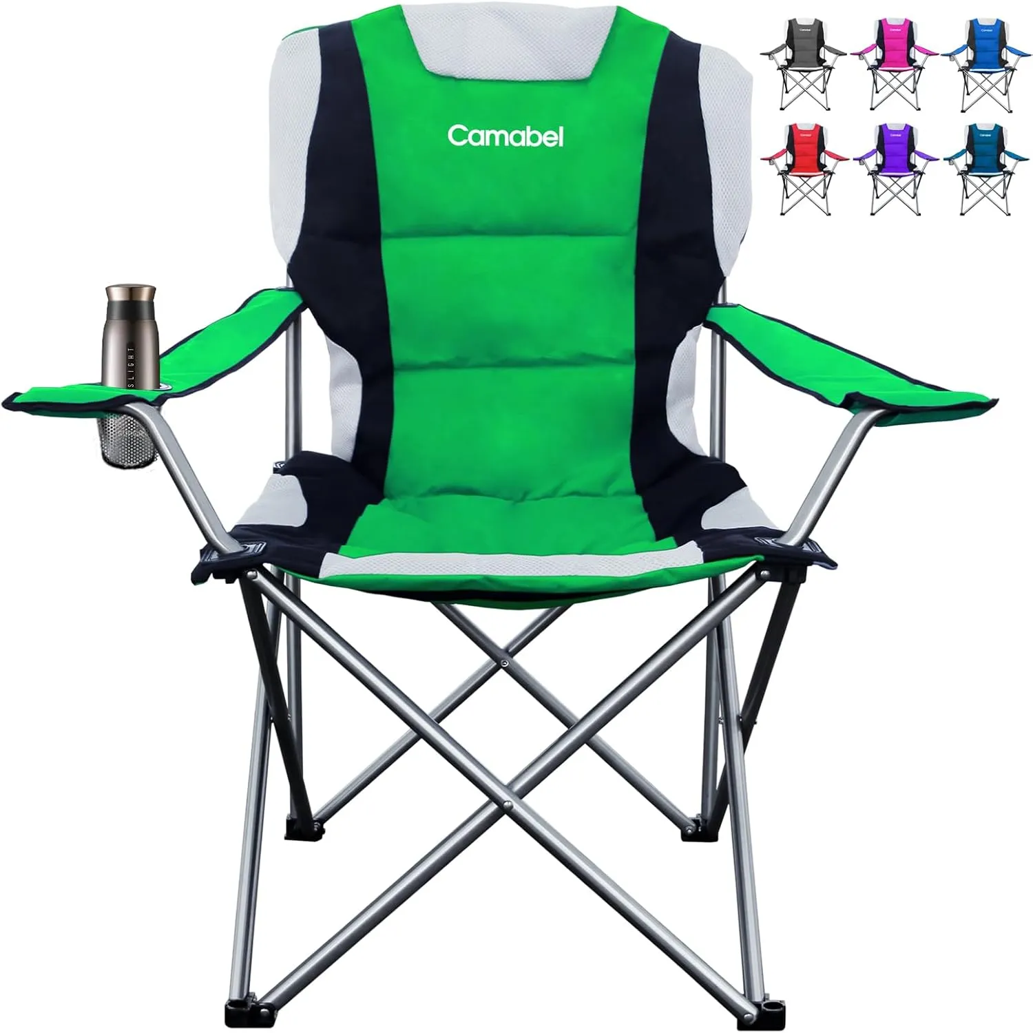 Camabel Folding Camping Chairs Hold Up 400lbs Extra Large Outdoor Lawn Chair Padded Sports Chair Lightweight Chairs for Beach Hiking Fishing BBQ Spectator with Storage Bag and Cup Holder Green