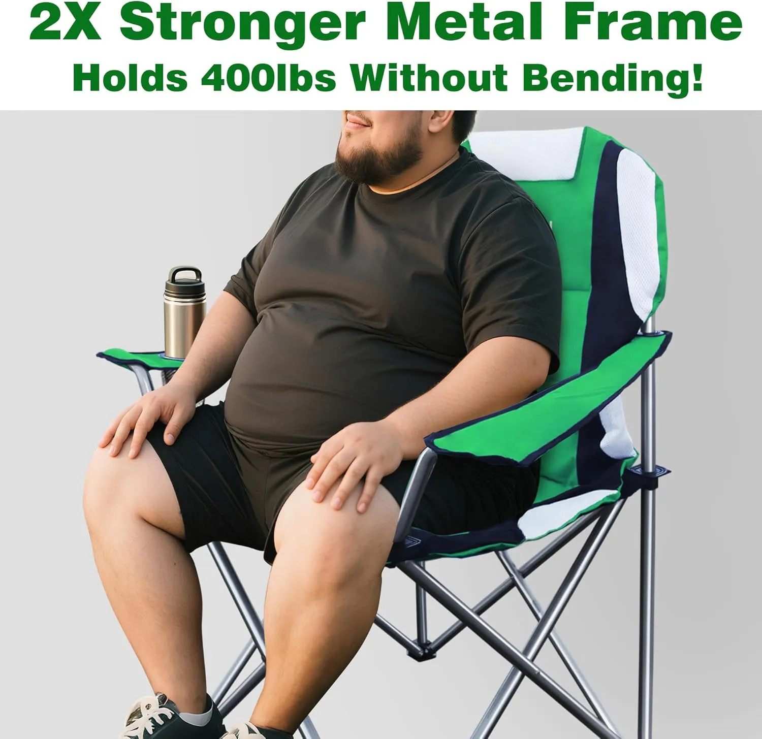 Camabel Folding Camping Chairs Hold Up 400lbs Extra Large Outdoor Lawn Chair Padded Sports Chair Lightweight Chairs for Beach Hiking Fishing BBQ Spectator with Storage Bag and Cup Holder Green