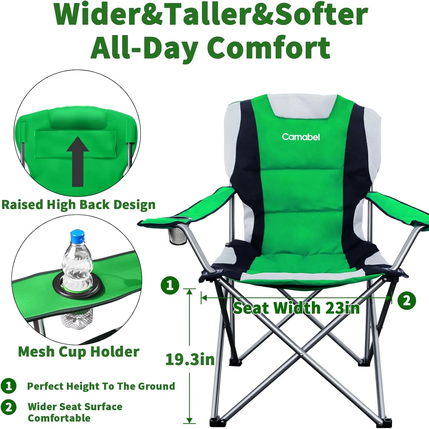 Camabel Folding Camping Chairs Hold Up 400lbs Extra Large Outdoor Lawn Chair Padded Sports Chair Lightweight Chairs for Beach Hiking Fishing BBQ Spectator with Storage Bag and Cup Holder Green