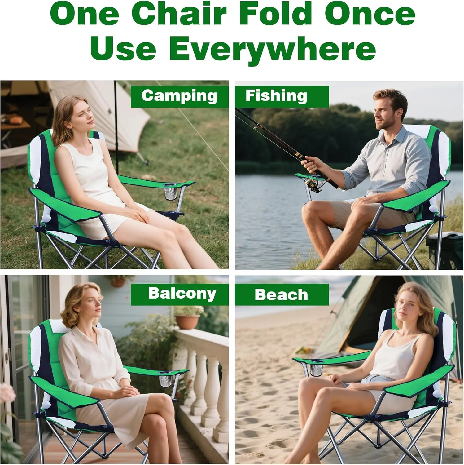 Camabel Folding Camping Chairs Hold Up 400lbs Extra Large Outdoor Lawn Chair Padded Sports Chair Lightweight Chairs for Beach Hiking Fishing BBQ Spectator with Storage Bag and Cup Holder Green