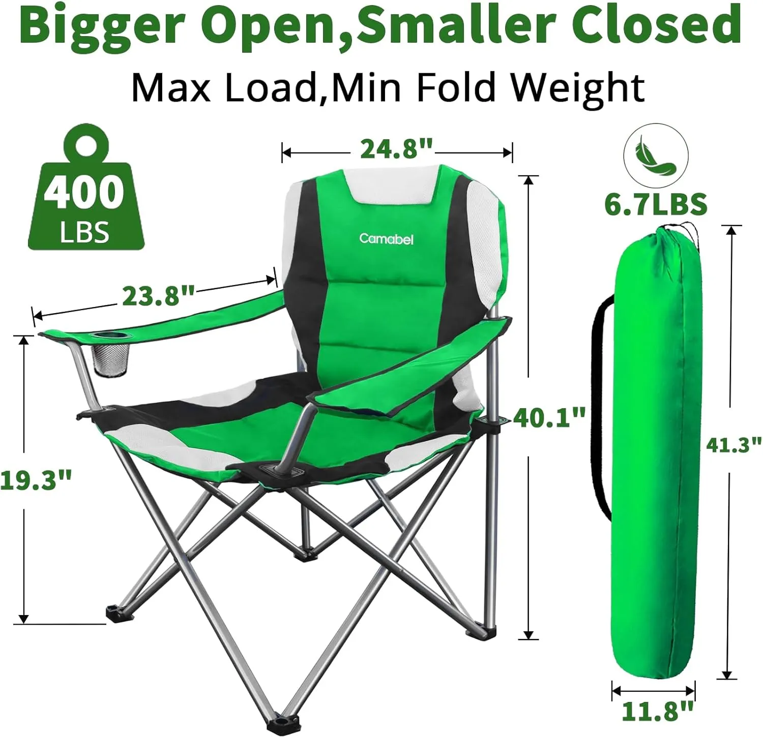 Camabel Folding Camping Chairs Hold Up 400lbs Extra Large Outdoor Lawn Chair Padded Sports Chair Lightweight Chairs for Beach Hiking Fishing BBQ Spectator with Storage Bag and Cup Holder Green