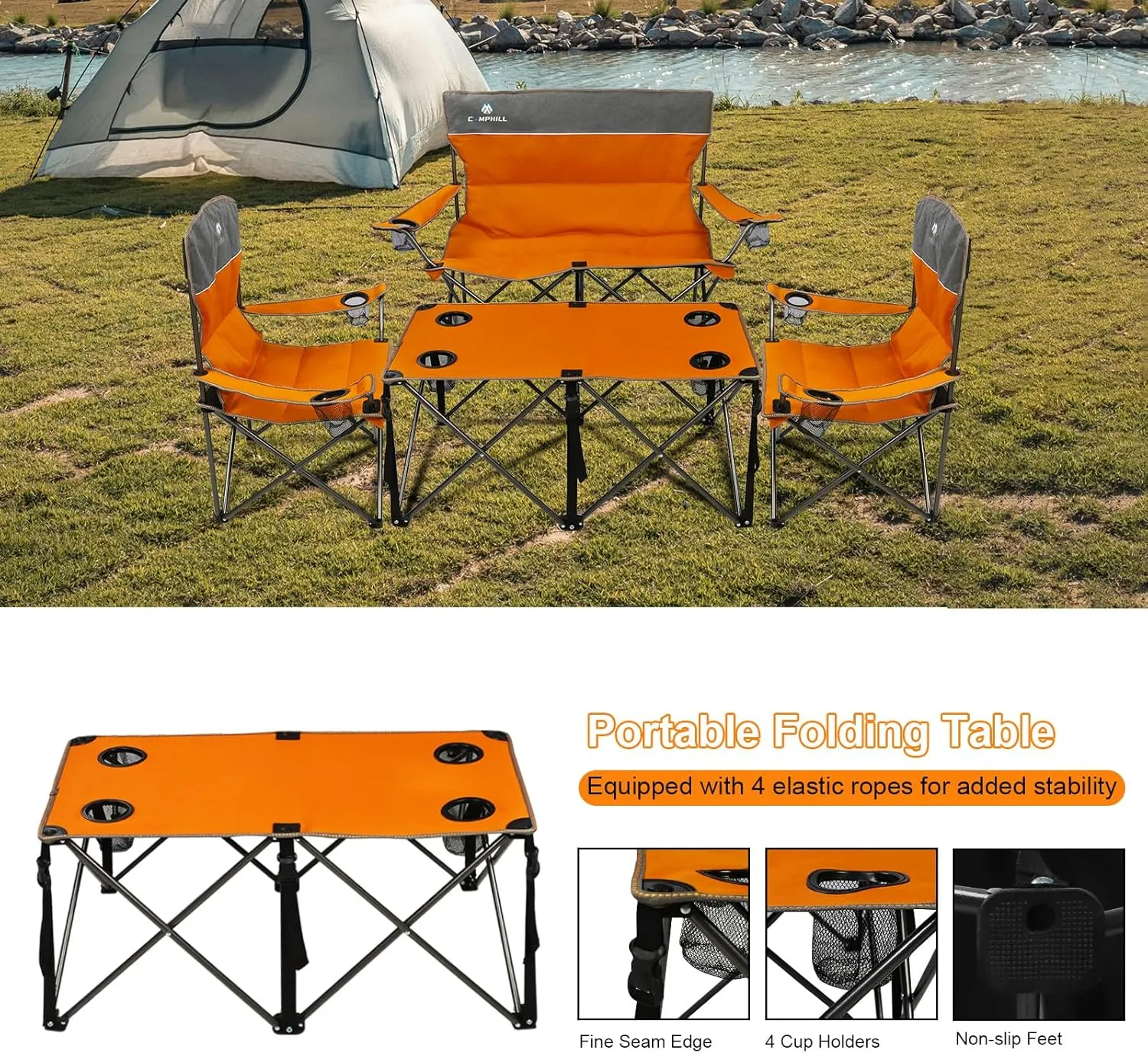 Camping Chair Set of 3, Outdoor Folding Camping Chairs for Heavy People with Cup Holder & Carry Bag,Collapsible Chair Include One Sofa Chair and Two Single Chair,Support up to 500lbs