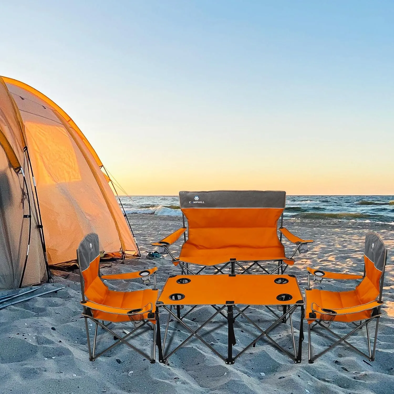 Camping Chair Set of 3, Outdoor Folding Camping Chairs for Heavy People with Cup Holder & Carry Bag,Collapsible Chair Include One Sofa Chair and Two Single Chair,Support up to 500lbs