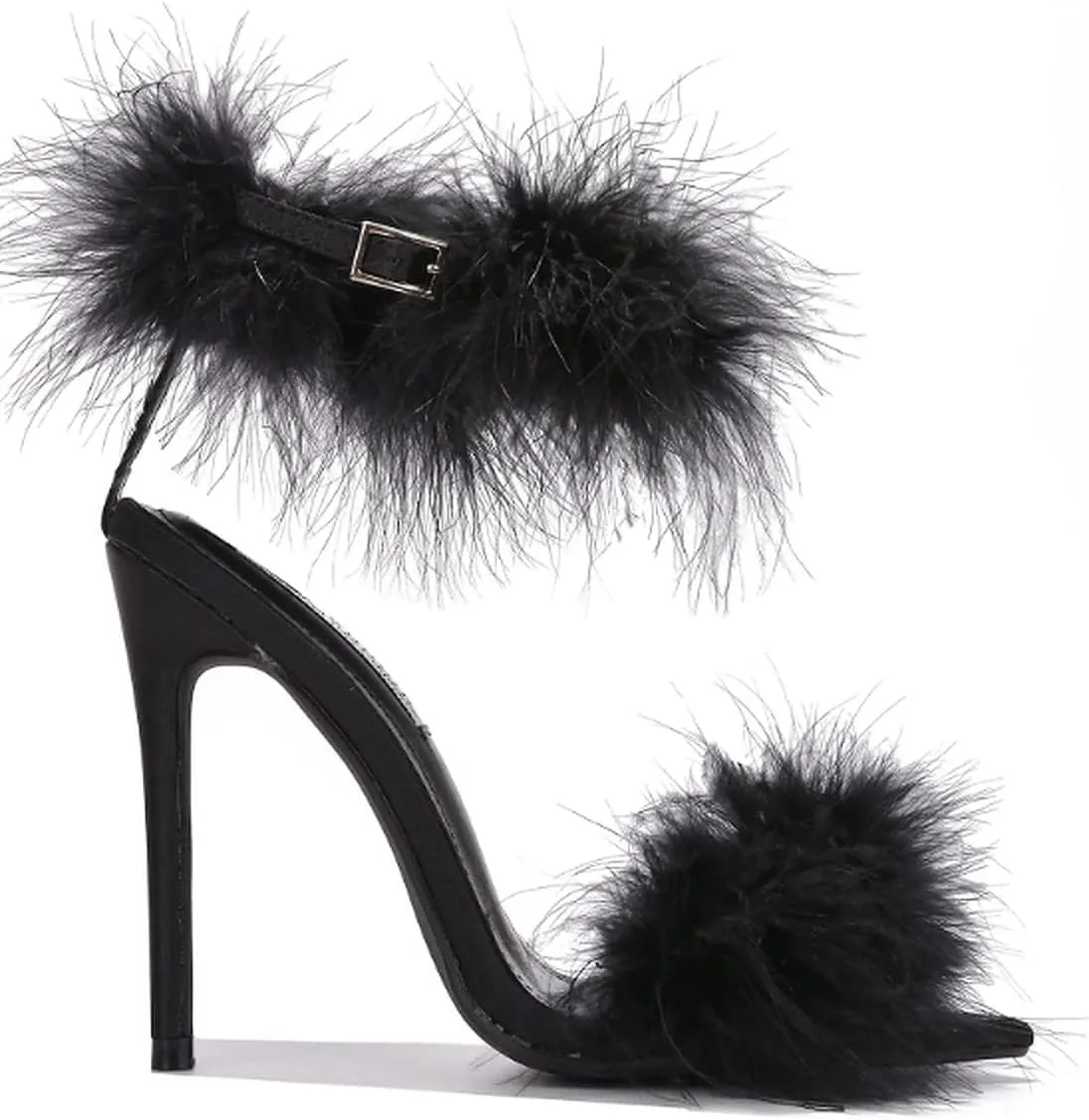 Cape Robbin Women's Open Toe Ankle Strap Fluffy Feather Stiletto High Heel Sandal