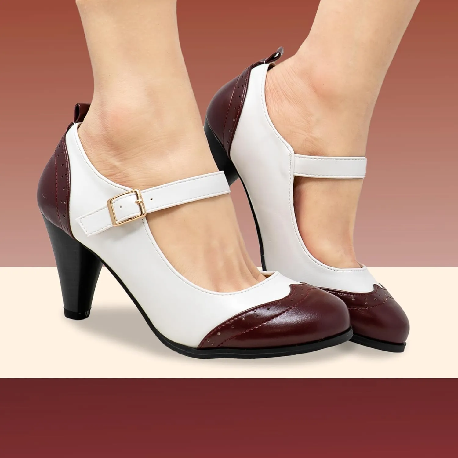 Chase & Chloe Women's Round Toe Two Tone Mary Jane Pumps
