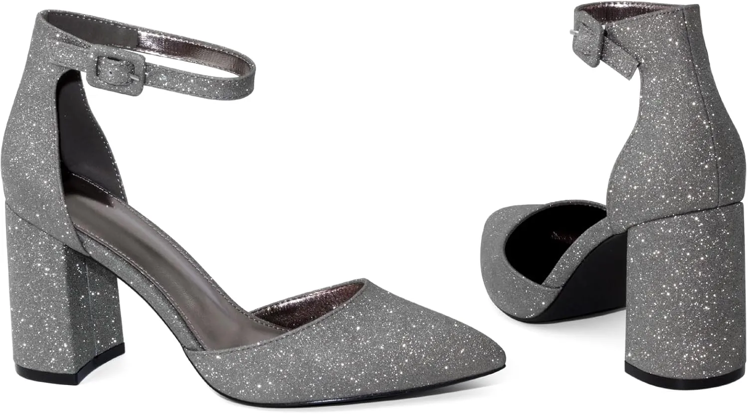 Closed Toe Heels Pumps Women High Block Chunky Heeled Pointed Toed Ankle Strap Pump Shoes Office Wedding Casual Dance Glitter Pumps Shoes for Lady Size 6-10