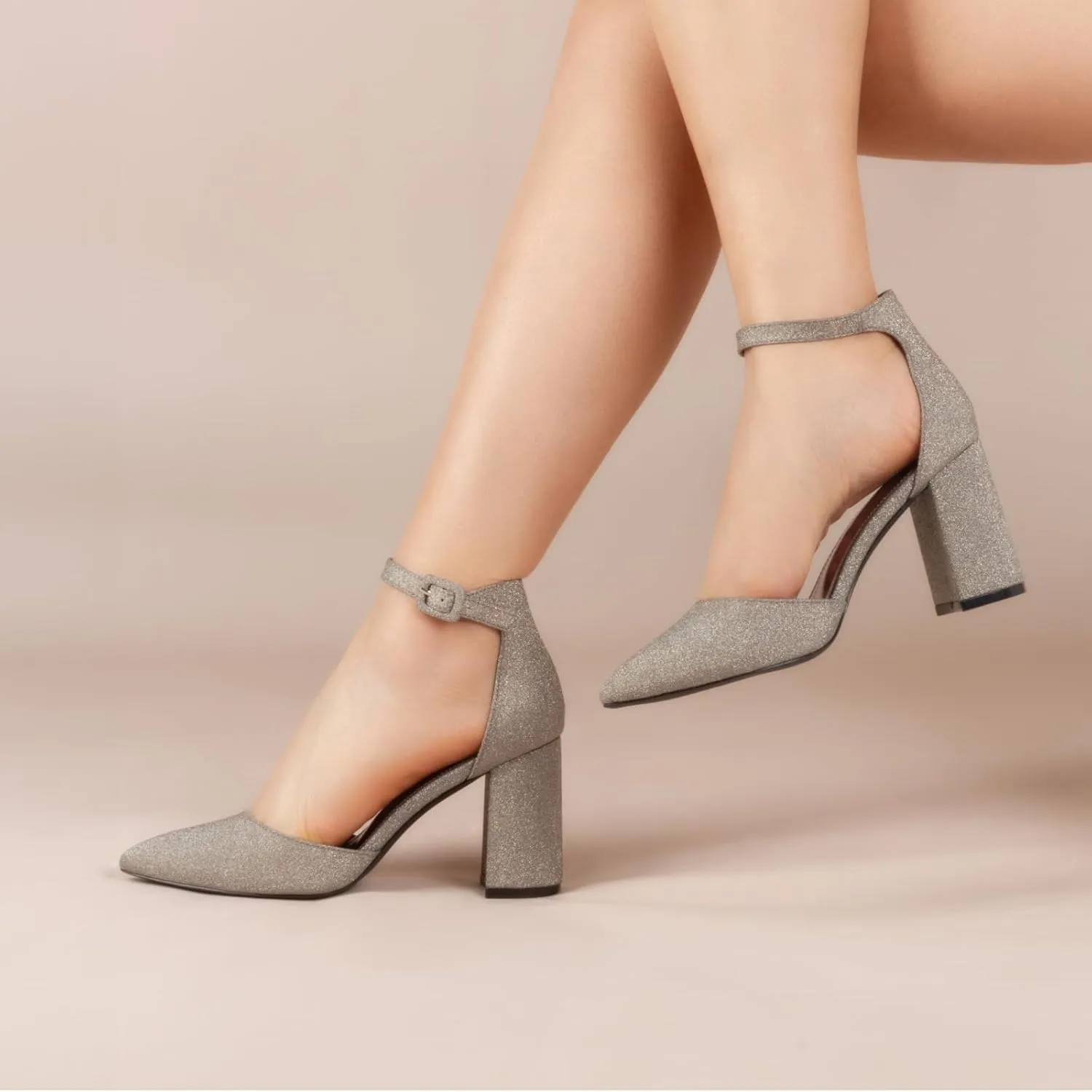 Closed Toe Heels Pumps Women High Block Chunky Heeled Pointed Toed Ankle Strap Pump Shoes Office Wedding Casual Dance Glitter Pumps Shoes for Lady Size 6-10