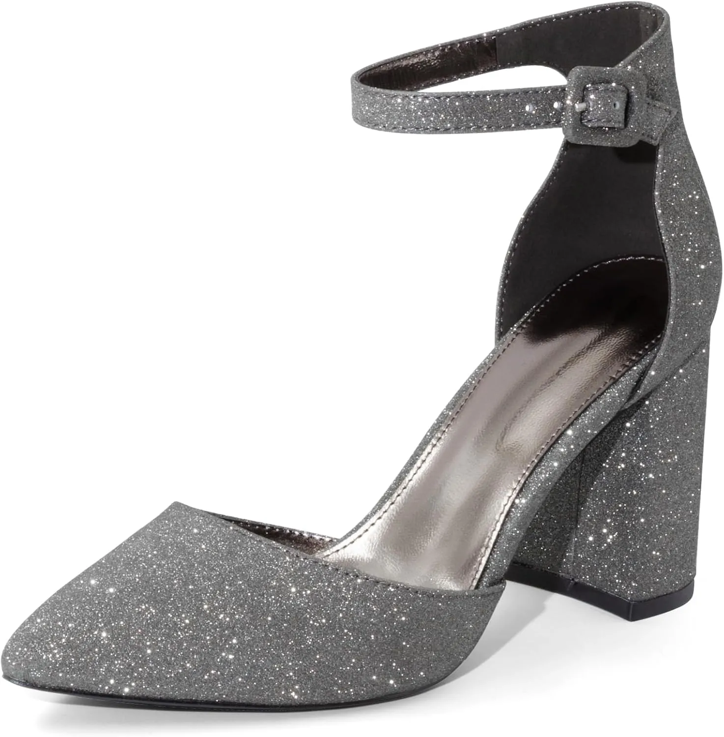 Closed Toe Heels Pumps Women High Block Chunky Heeled Pointed Toed Ankle Strap Pump Shoes Office Wedding Casual Dance Glitter Pumps Shoes for Lady Size 6-10