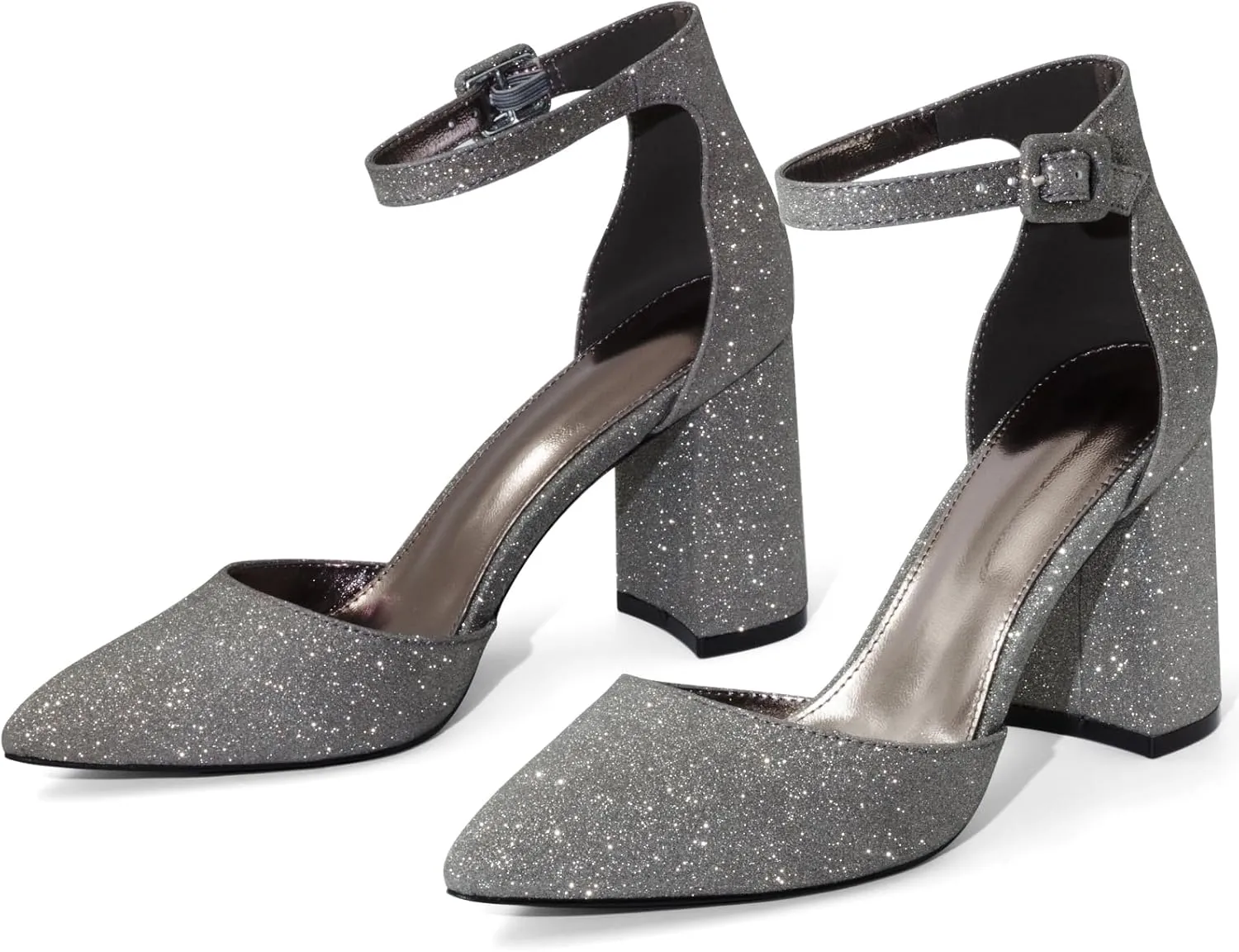Closed Toe Heels Pumps Women High Block Chunky Heeled Pointed Toed Ankle Strap Pump Shoes Office Wedding Casual Dance Glitter Pumps Shoes for Lady Size 6-10