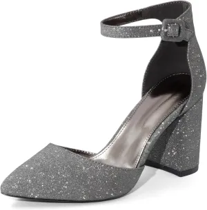 Closed Toe Heels Pumps Women High Block Chunky Heeled Pointed Toed Ankle Strap Pump Shoes Office Wedding Casual Dance Glitter Pumps Shoes for Lady Size 6-10