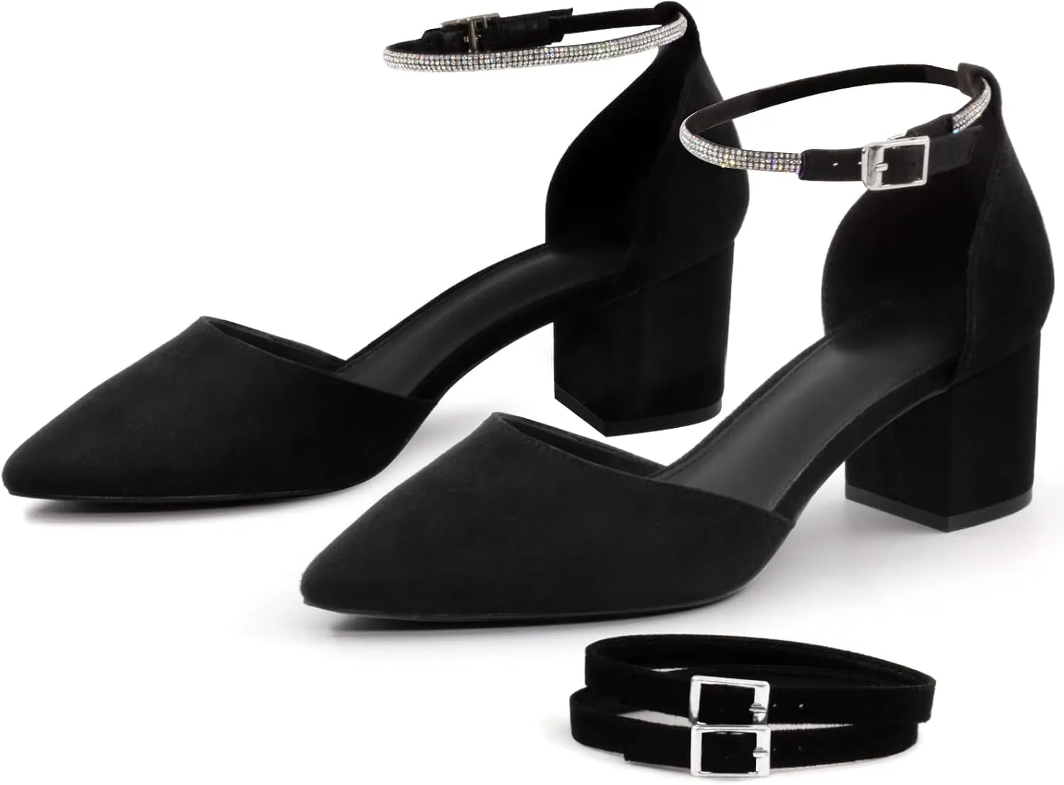 Closed Toe Heels Pumps Women High Block Chunky Heeled Pointed Toed Ankle Strap Pump Shoes Office Wedding Casual Dance Glitter Pumps Shoes for Lady Size 6-10