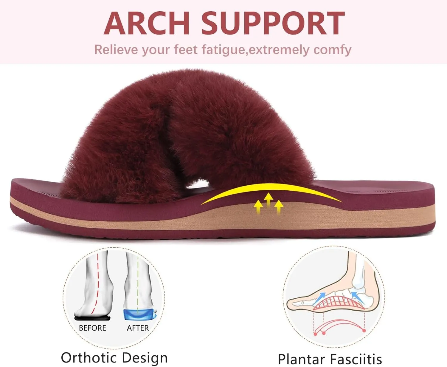 COFACE Womens Fuzzy Slides Fluff Faux Fur Cross Slippers Open Toe Yoga Mat House Slippers Sandals With Arch Support For Indoor/Outdoor
