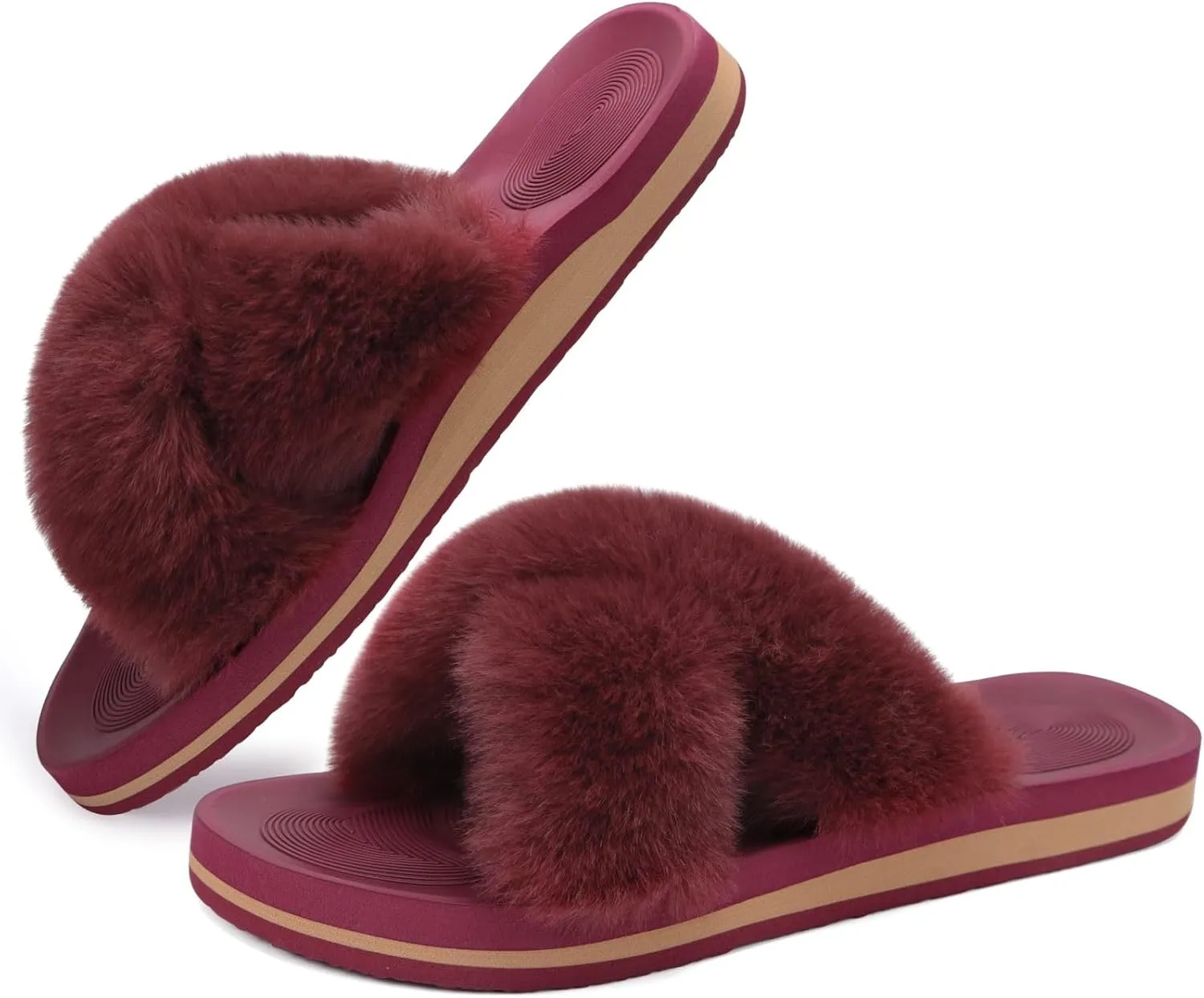 COFACE Womens Fuzzy Slides Fluff Faux Fur Cross Slippers Open Toe Yoga Mat House Slippers Sandals With Arch Support For Indoor/Outdoor