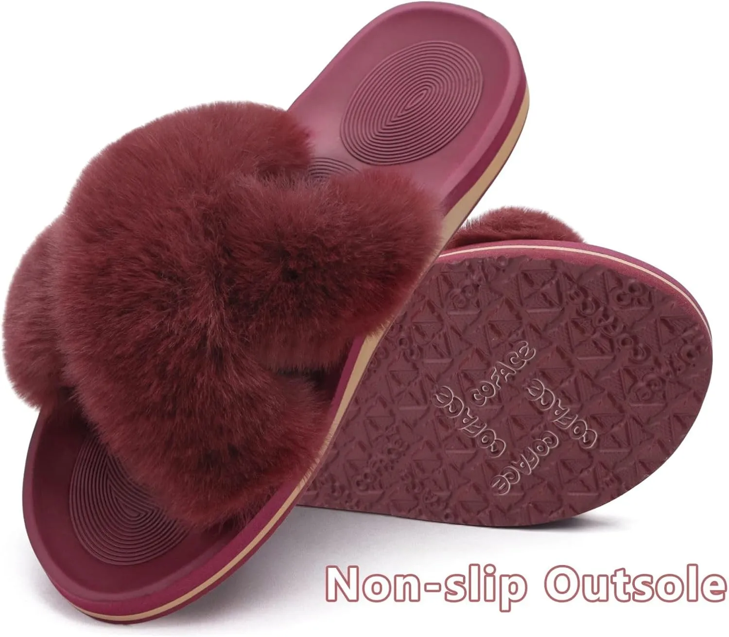 COFACE Womens Fuzzy Slides Fluff Faux Fur Cross Slippers Open Toe Yoga Mat House Slippers Sandals With Arch Support For Indoor/Outdoor