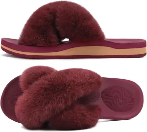 COFACE Womens Fuzzy Slides Fluff Faux Fur Cross Slippers Open Toe Yoga Mat House Slippers Sandals With Arch Support For Indoor/Outdoor