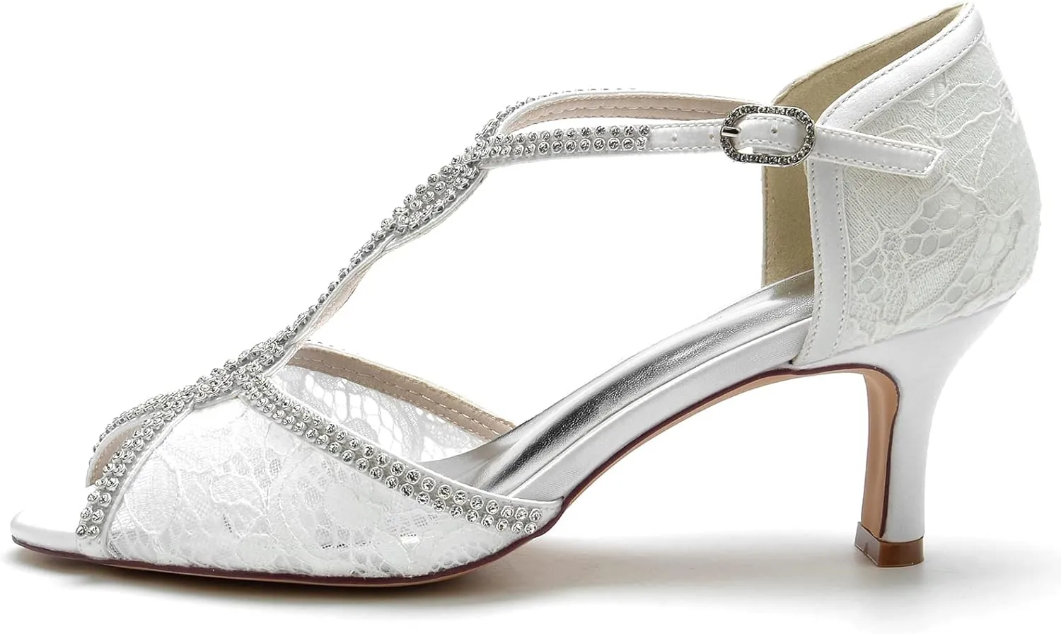 COMFASH 6.5Cm Bridal Wedding Shoes Women's Silk Like Satin Stiletto Heel Peep Toe Girl's Glitter Strappy Ankle T Strap Kitten Heel Sandal