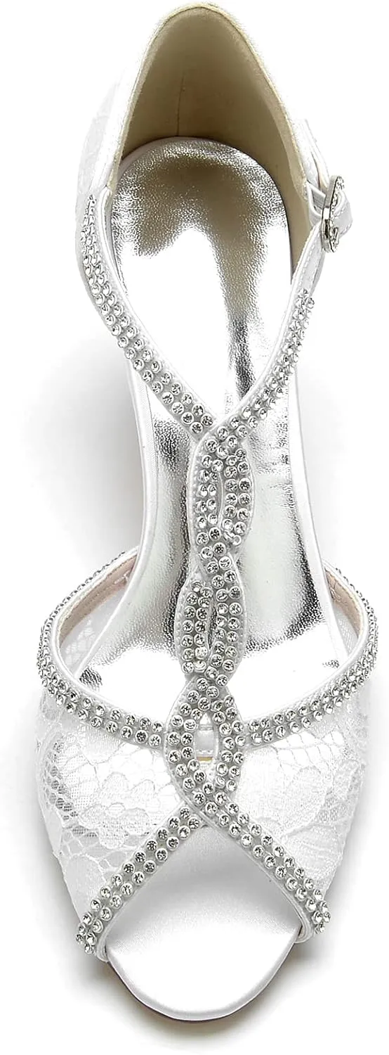 COMFASH 6.5Cm Bridal Wedding Shoes Women's Silk Like Satin Stiletto Heel Peep Toe Girl's Glitter Strappy Ankle T Strap Kitten Heel Sandal
