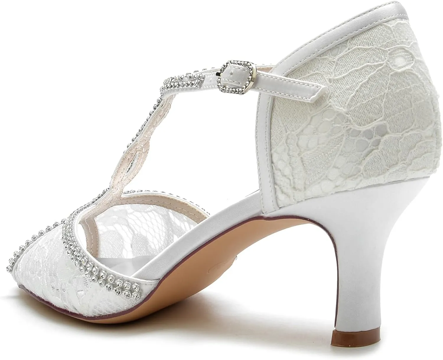 COMFASH 6.5Cm Bridal Wedding Shoes Women's Silk Like Satin Stiletto Heel Peep Toe Girl's Glitter Strappy Ankle T Strap Kitten Heel Sandal