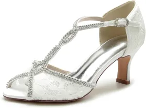 COMFASH 6.5Cm Bridal Wedding Shoes Women's Silk Like Satin Stiletto Heel Peep Toe Girl's Glitter Strappy Ankle T Strap Kitten Heel Sandal