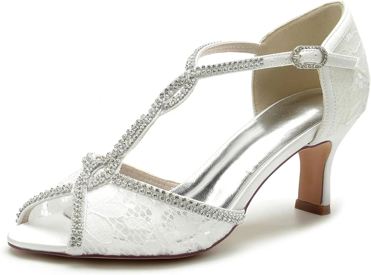 COMFASH 6.5Cm Bridal Wedding Shoes Women's Silk Like Satin Stiletto Heel Peep Toe Girl's Glitter Strappy Ankle T Strap Kitten Heel Sandal