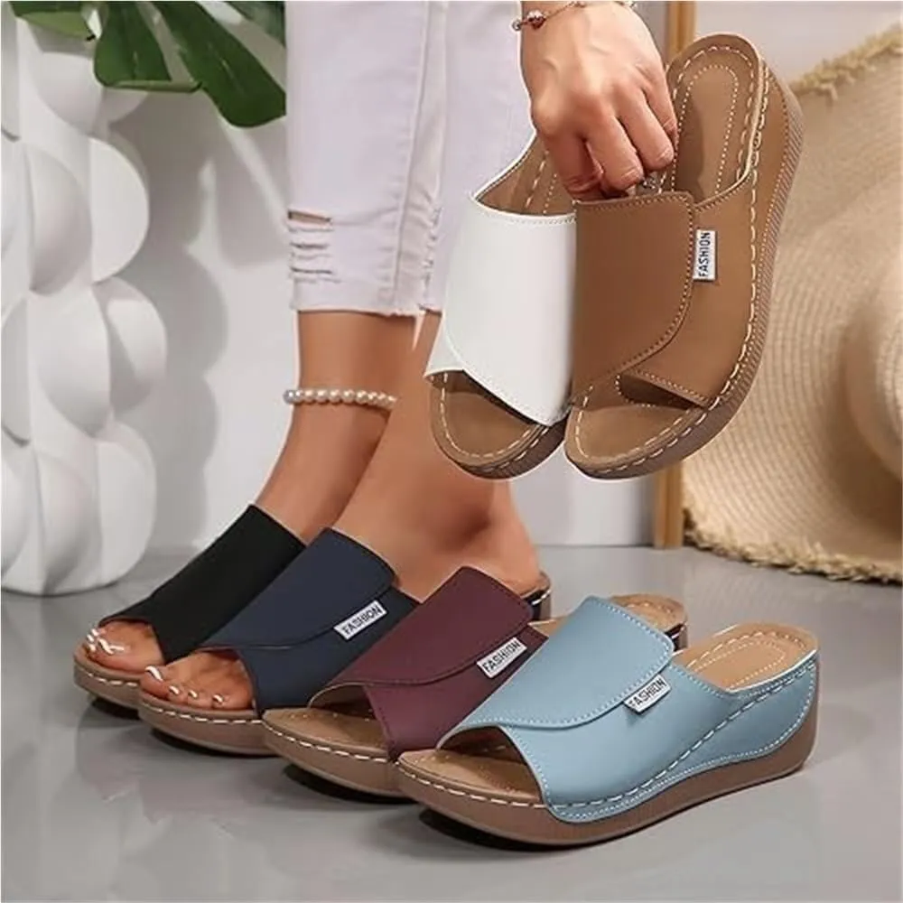 Comfortable Arch Support Slides - Women's Breathable Summer Orthotic Leather Platform Wedge Sandals Slides, Casual Slip on All Day Walking Sandal