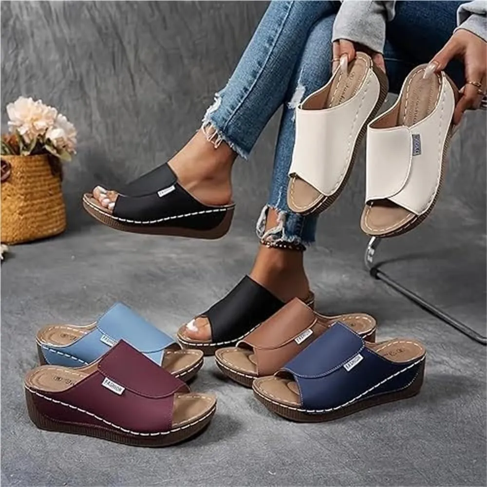 Comfortable Arch Support Slides - Women's Breathable Summer Orthotic Leather Platform Wedge Sandals Slides, Casual Slip on All Day Walking Sandal