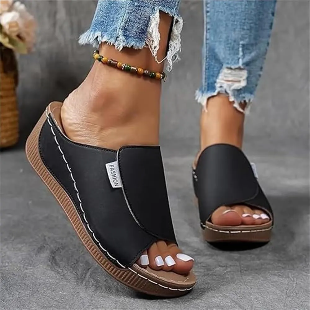 Comfortable Arch Support Slides - Women's Breathable Summer Orthotic Leather Platform Wedge Sandals Slides, Casual Slip on All Day Walking Sandal