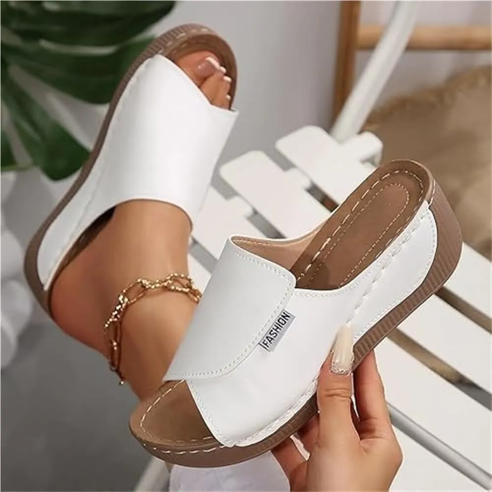 Comfortable Arch Support Slides - Women's Breathable Summer Orthotic Leather Platform Wedge Sandals Slides, Casual Slip on All Day Walking Sandal