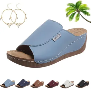 Comfortable Arch Support Slides - Women's Breathable Summer Orthotic Leather Platform Wedge Sandals Slides, Casual Slip on All Day Walking Sandal