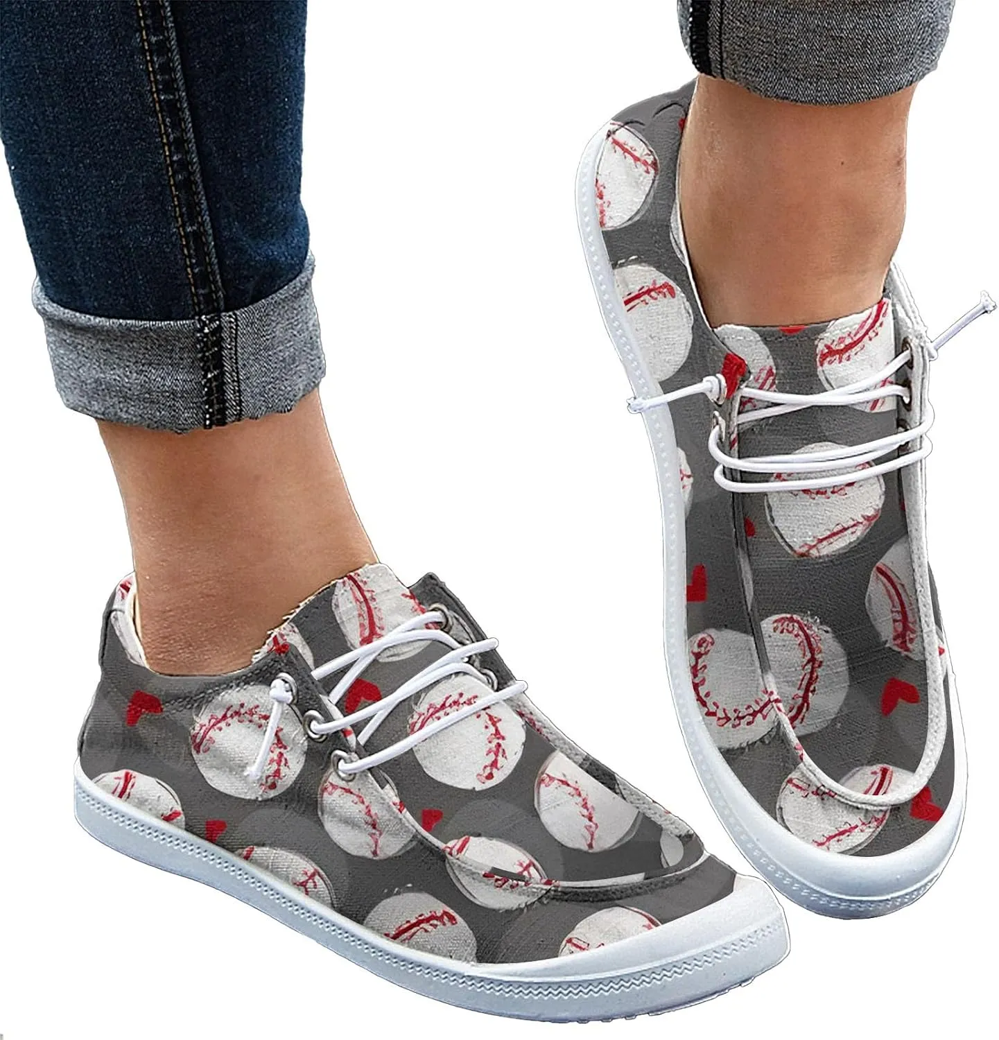 DIYCAM Women Sport Day Baseball Printed Boat Shoes Casual Canvas Loafers for Women Slip On Deck Shoes, Breathable Canvas Walking Shoes