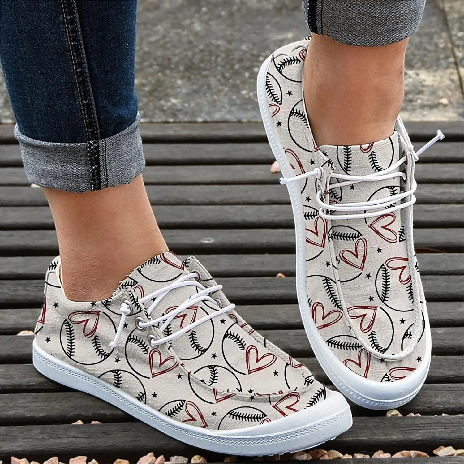 DIYCAM Women Sport Day Baseball Printed Boat Shoes Casual Canvas Loafers for Women Slip On Deck Shoes, Breathable Canvas Walking Shoes